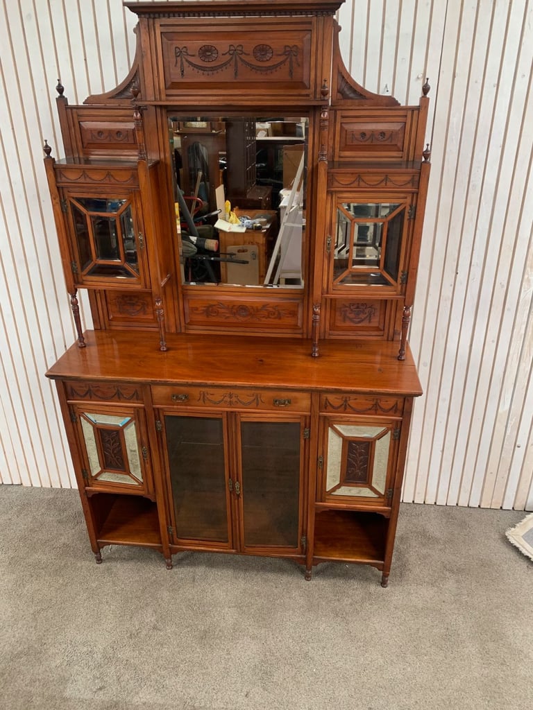 Display Cabinet/ Dresser Antique Edwardian Mirror Back Walnut 