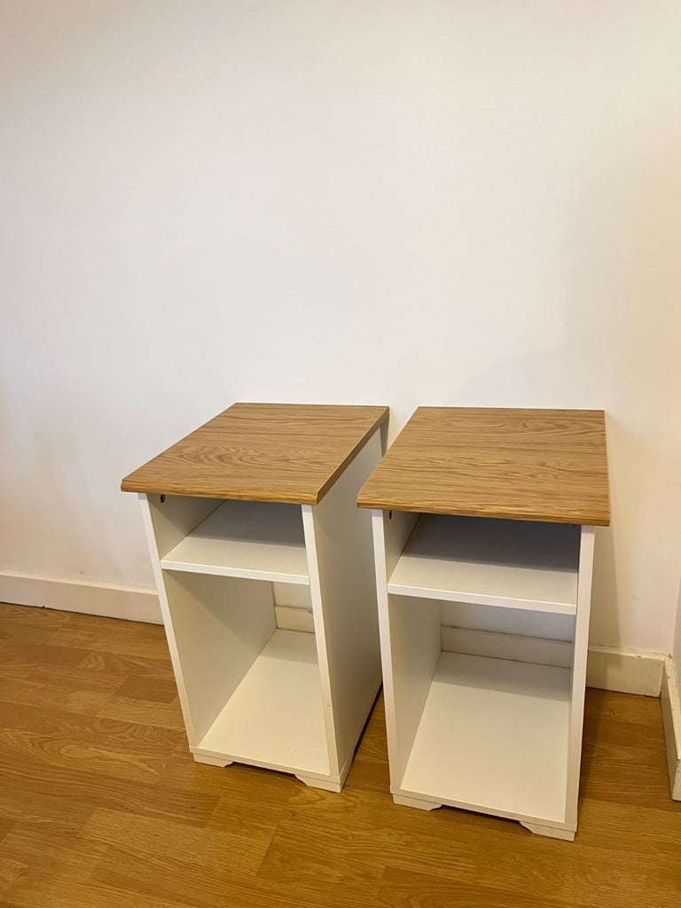 Pair of White & Oak Bedside Tables - Good Condition