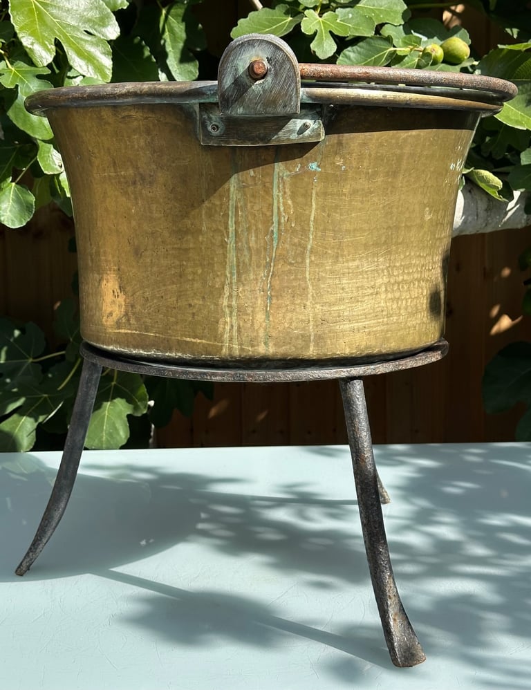 LARGE ANTIQUE FRENCH COPPER CAULDRON & STAND, LOG BUCKET, PLANTER, L58cm - 1900s - WILL POST!
