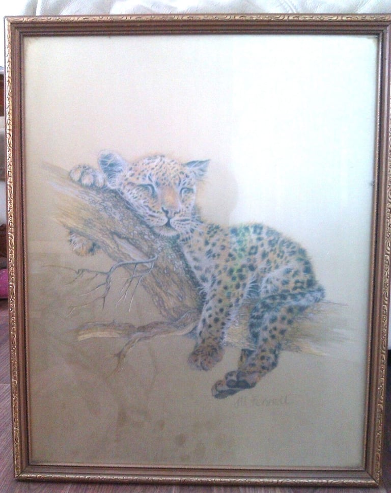 image for Vintage Framed Picture Baby Leopard Cub