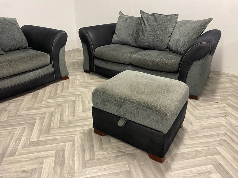 Lovely Reid’s grey fabric sofas and footstool 