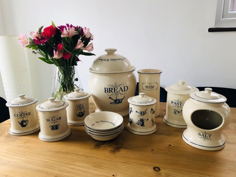 Victorian Pottery bread bin, sugar, tea coffee cannisters