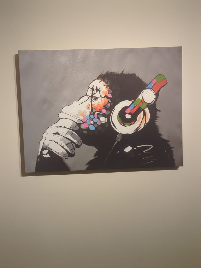 DJ Monkey - Banksy Style Graffiti Modern Wall Art - Wrapped Framed Canvas
