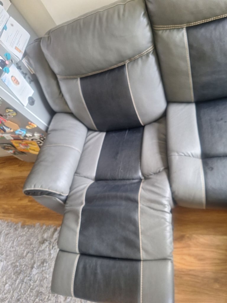 Grey and Black Leather 3 seater 2 length recliner sofa