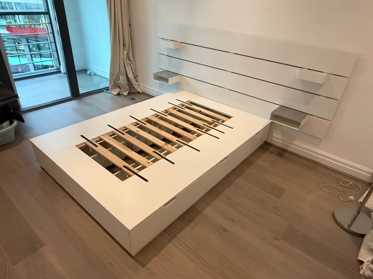 image for FREE DELIVERY IKEA NORDLI WHITE DOUBLE BED FRAME WITH HEADBOARD & SIDE TABLES GREAT CONDITION