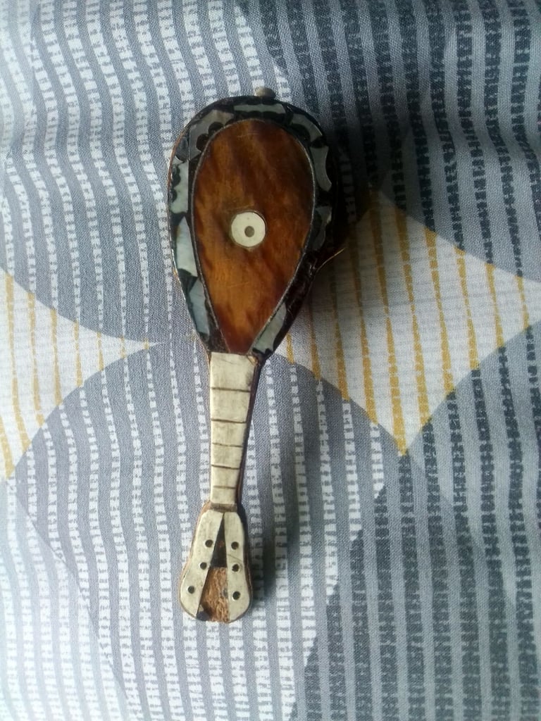 image for Vintage very collectable miniature wooden guitar with mother of pearl inlay 