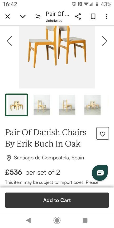 Mid Century Vintage Danish Pair of Chairs by Designer Erik Buch