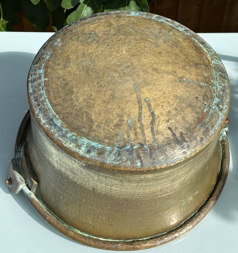 LARGE ANTIQUE FRENCH COPPER CAULDRON & STAND, LOG BUCKET, PLANTER, L58cm - 1900s - WILL POST!