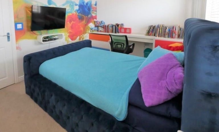 Double ambassador chesterfield navy blue custom made bed frame with mattress