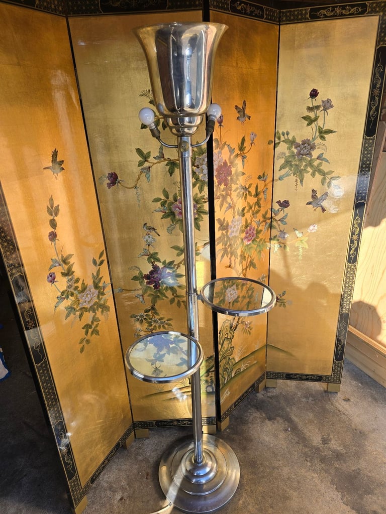 image for Art Deco Country House Chrome Uplight Standing Lamp Mirrored Pivot Shelves