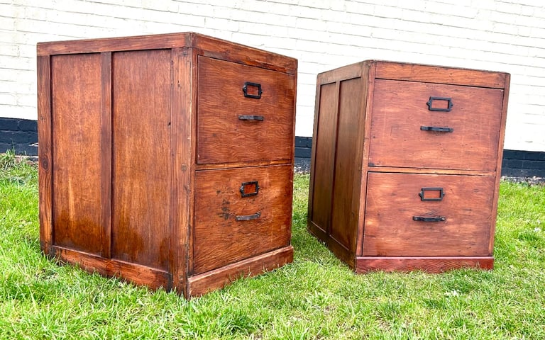 Pair 1950s two drawer filing cabinet bedside wooden desk industrial antique vintage library office