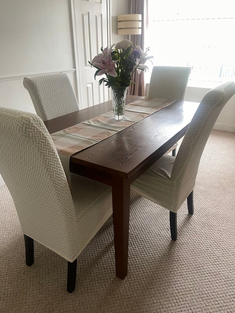 image for Immaculate Solid wooden dining table with 4 leather brown chairs & cream covers