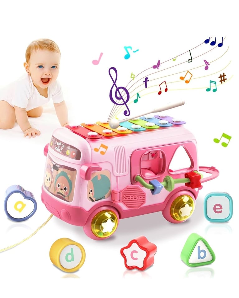 Musical Sensory Bus with Xylophone Shape Blocks Pull Along Toy Early Educational