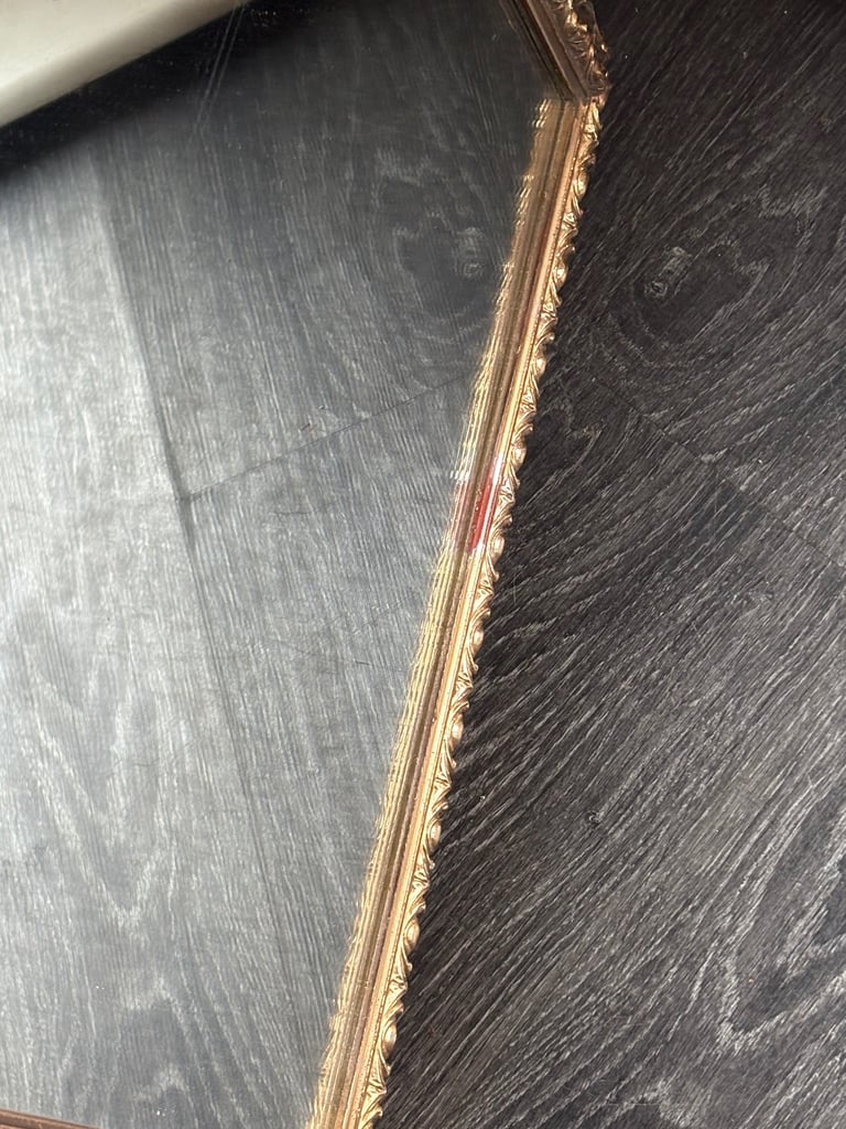 Large gold ornate vintage wooden mirror 33” x 21”