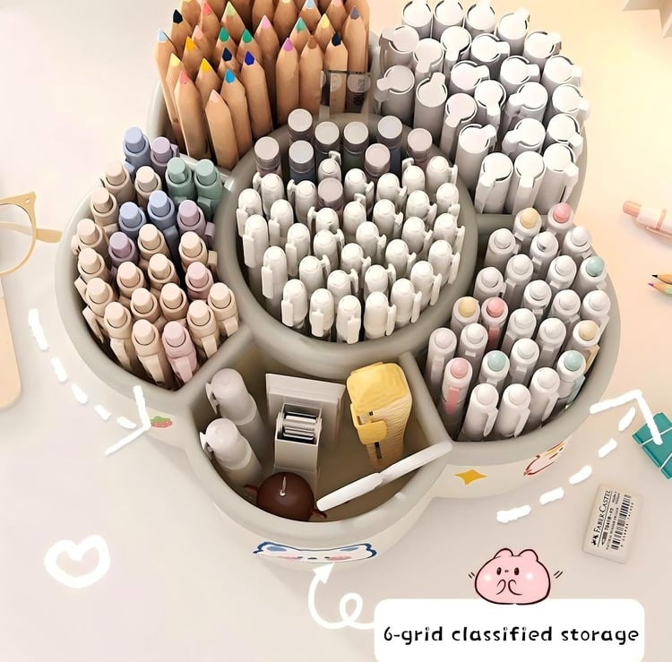 360° Rotating Desk Organizer 6-Slot Pen Holder Makeup Storage Caddy Beige