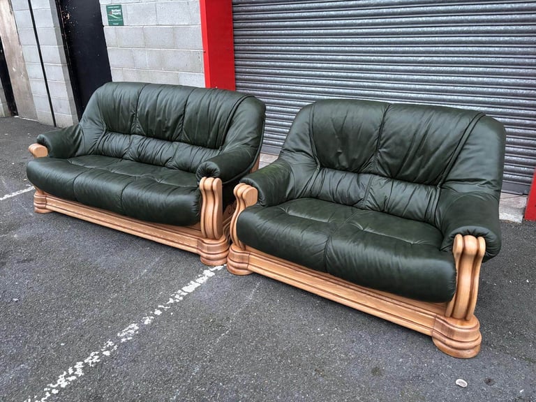 Oak Frame Green Leather 2 and 3 Seater Sofas 