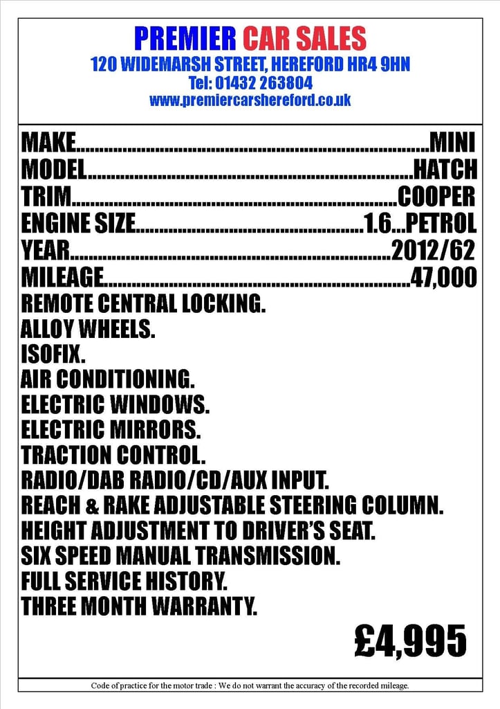 2012 MINI Hatch 1.6 Cooper 3dr HATCHBACK Petrol Manual