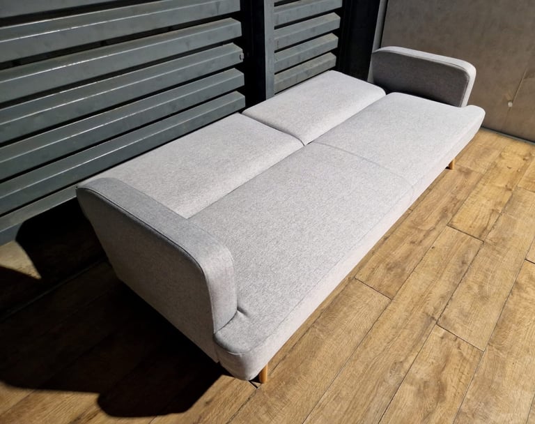 Barely Used Fabric 3 Seater Clic Clac Sofa Bed - Light Grey.