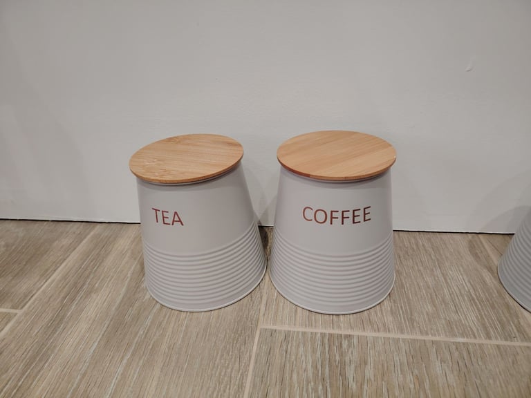 2 Piece Stackable Canister Set Wooden Lid Storage Pot Tea Coffee Jar Food Container