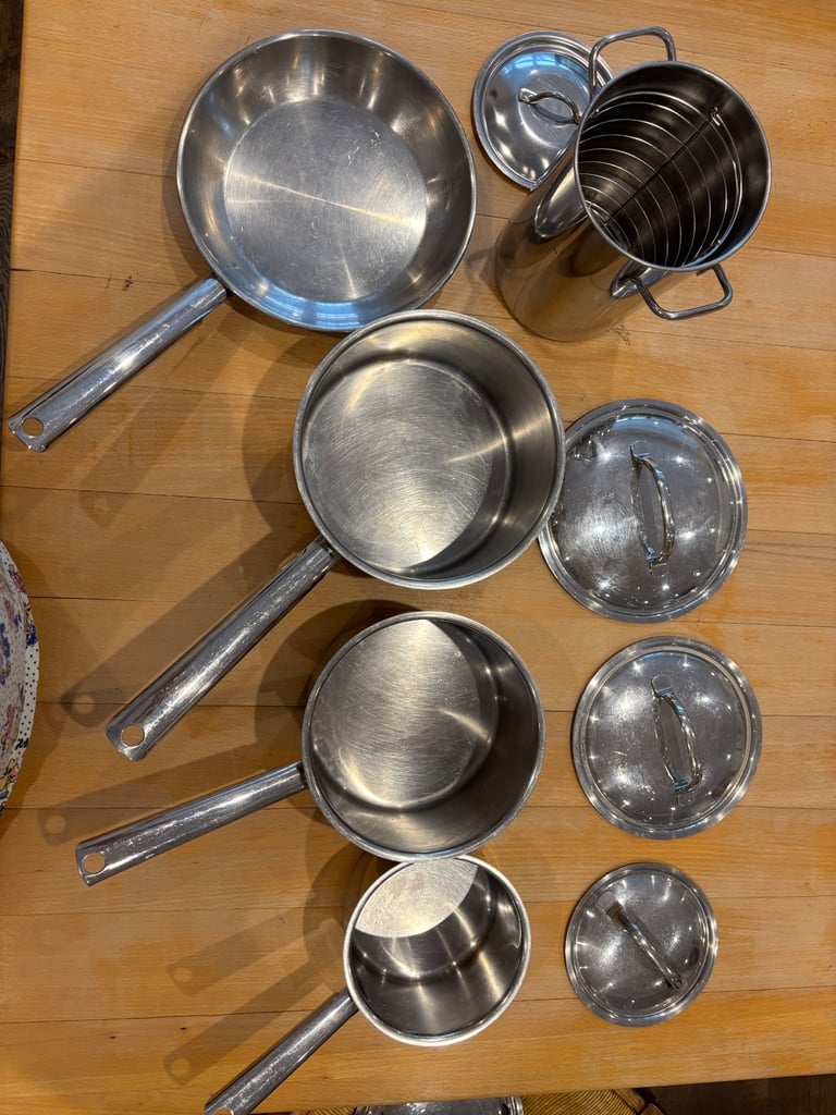 image for 3 x stainless steel saucepans 1x frying pan 1x asparagus pan with lids 