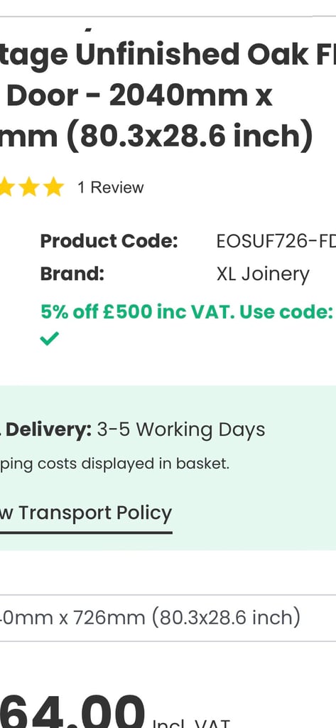 Cottage Unfinished Oak FD30 Fire Door - 2040mm x 726mm