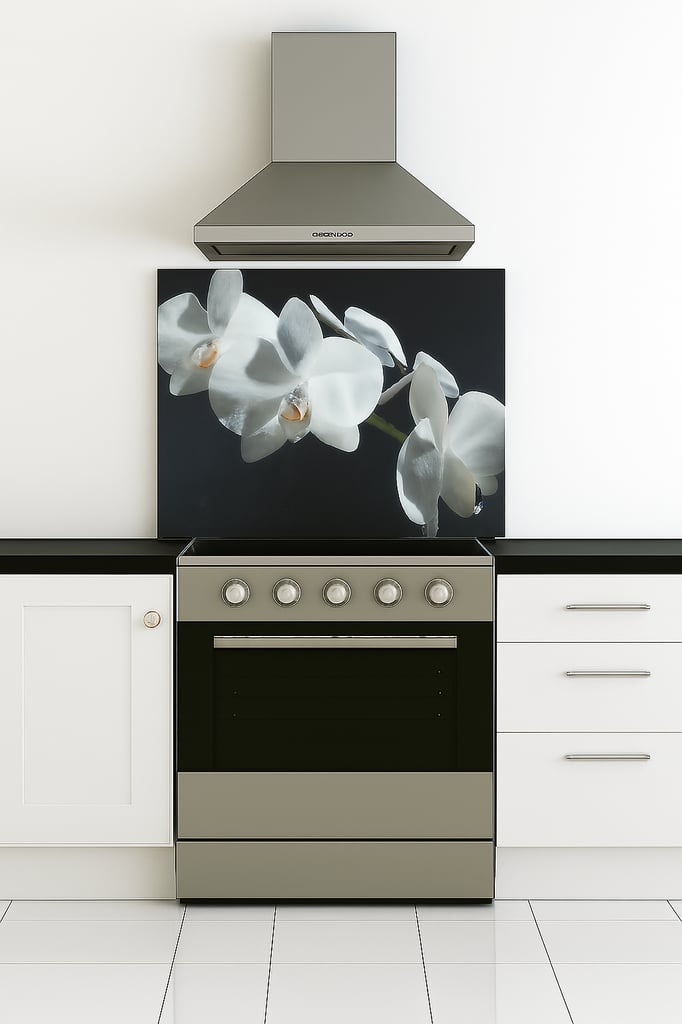 Decorative orchid artwork glass feature piece (splash back)