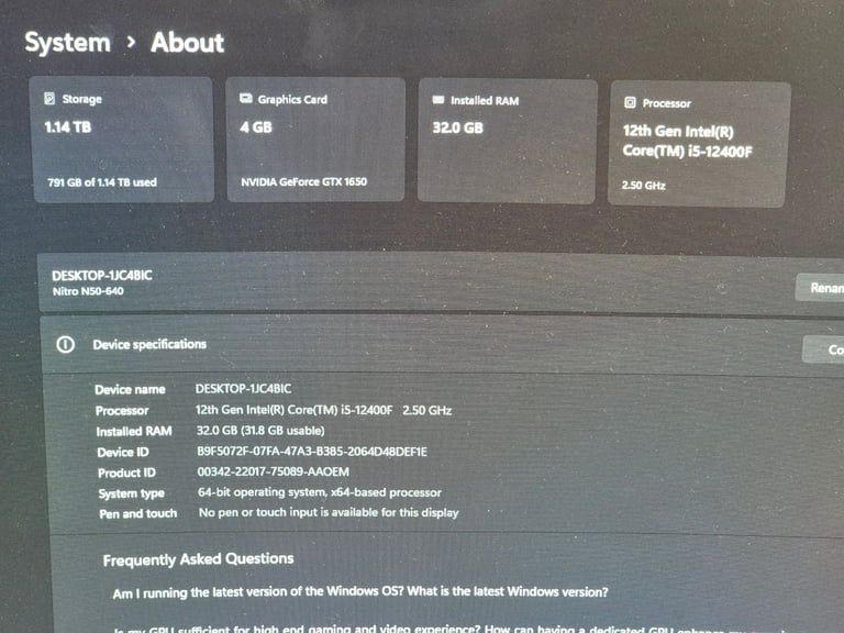 Acer Gaming PC. Core i5-12th gen. 32gb ram. 1tb ssd. 4gb graphics 
