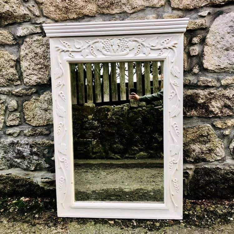 Antique Solid Oak Carved Mirror With Painted Heavy Wooden Frame 