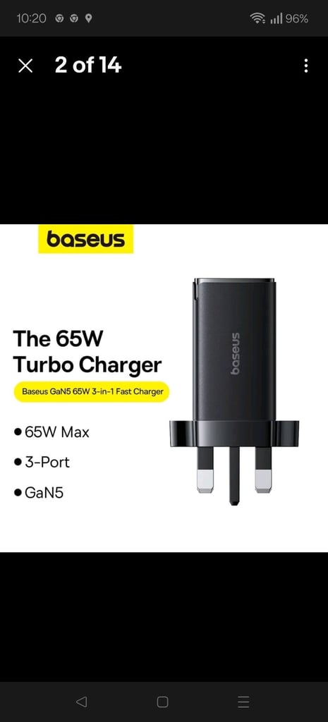 💥 Baseus 65W GaN5 Fast Charger QC4.0 PD AFC Adapters x 2 & extra usb c cables x 2 Brand New Sealed 