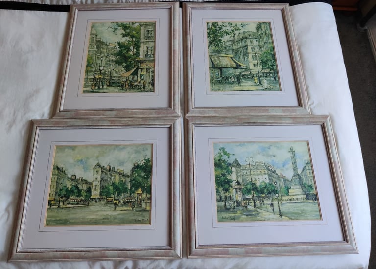 image for 4 Paris Scenes Vintage Glass Framed Prints by Impressionist Andre Picot 