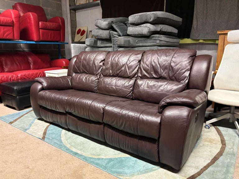 RECLINER Brown Leather 3 Seater Sofa 