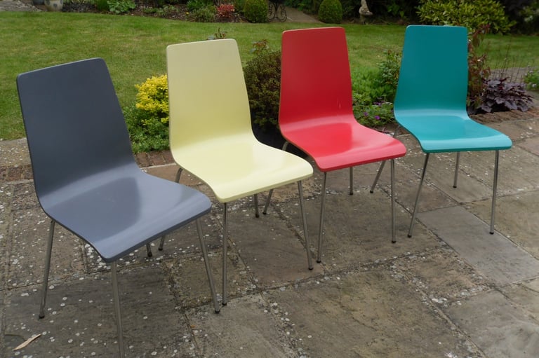 4 x Vary Coloured Bent Plywood & Chrome Leg Dining Chairs - Good Used Condition