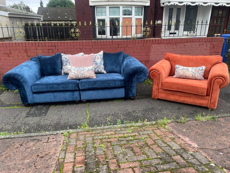 Big 2 seater and chairs and a half in a velvet fabric new condition £599