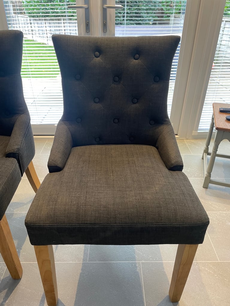 4 Grey fabric button back dining chairs with oak legs 
