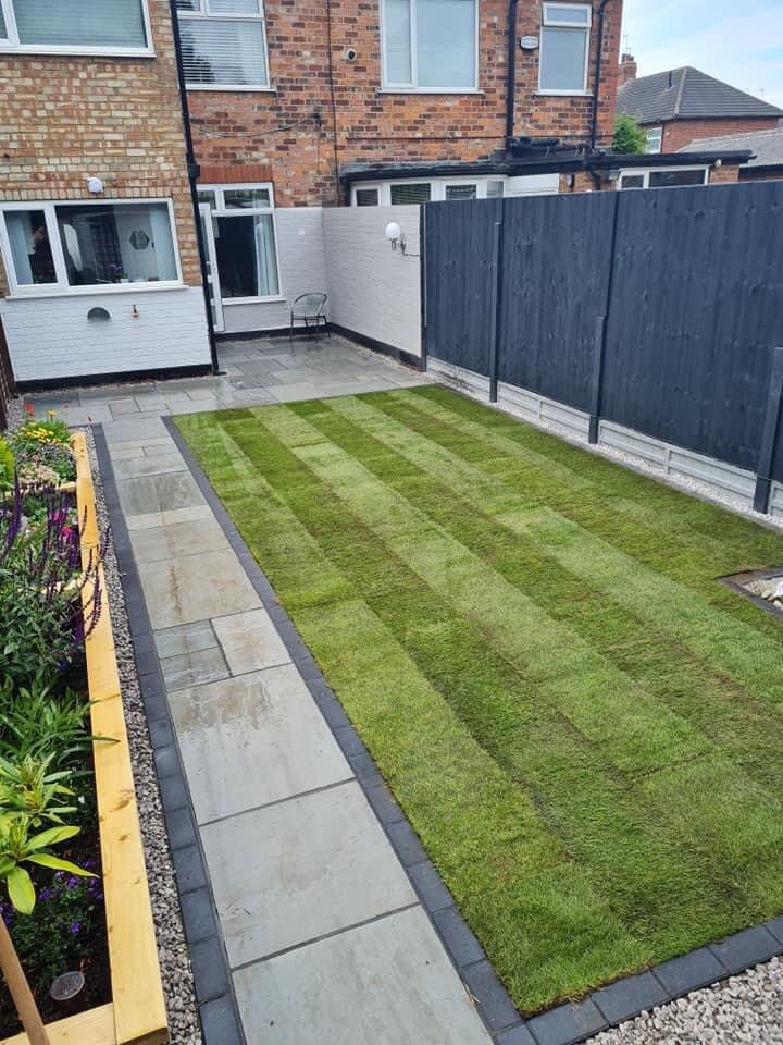 Block paving Indian stone flags tarmac turf fence 