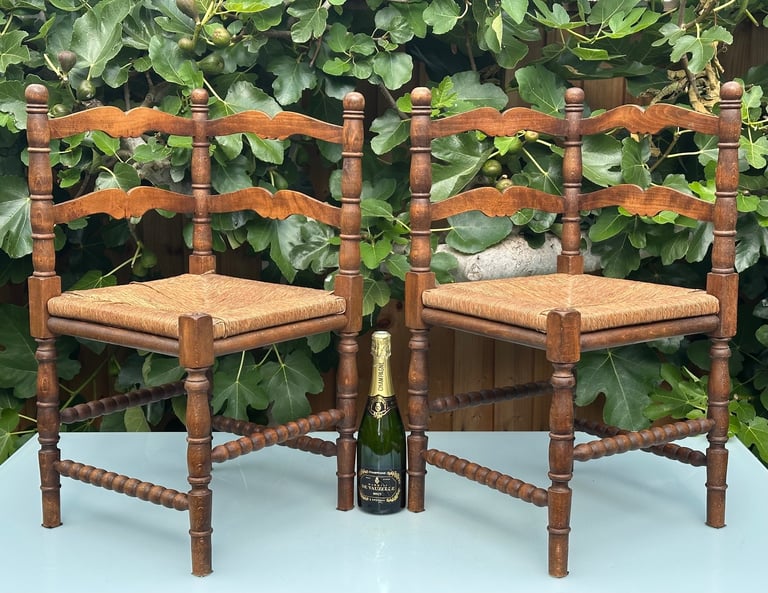 VINTAGE FRENCH BOBBIN LEG CHAIRS, CORNER CHAIRS, RUSH SEAT, H74cm - 1900s ARTS & CRAFTS - WILL POST!