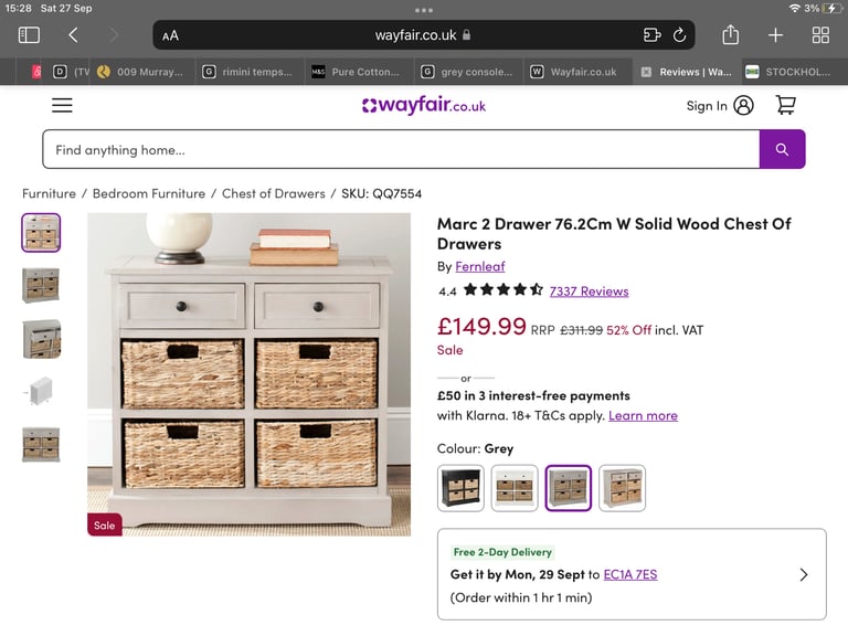 Grey Wooden Storage Unit 2 Drawer & Baskets - As New