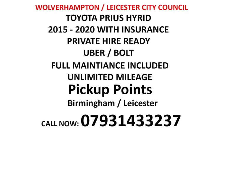 Private Hire Cars - LEICESTER CITY COUNCIL - WOLVERHAMPTON - Taxi Rentals - Toyota Prius - Leicester