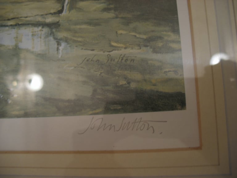 Picture painting Barges on the Mud, signed print by John Sutton English Artist, gilt frame