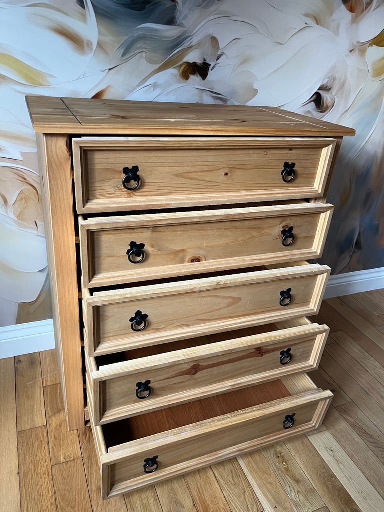 Two Corona 5 Drawer Chest Rustic Distressed Waxed Pine Storage Bedroom Furniture