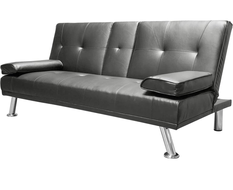 Faux Leather Folding Sofa Bed With Cup Holders Cinema Style (Grey)