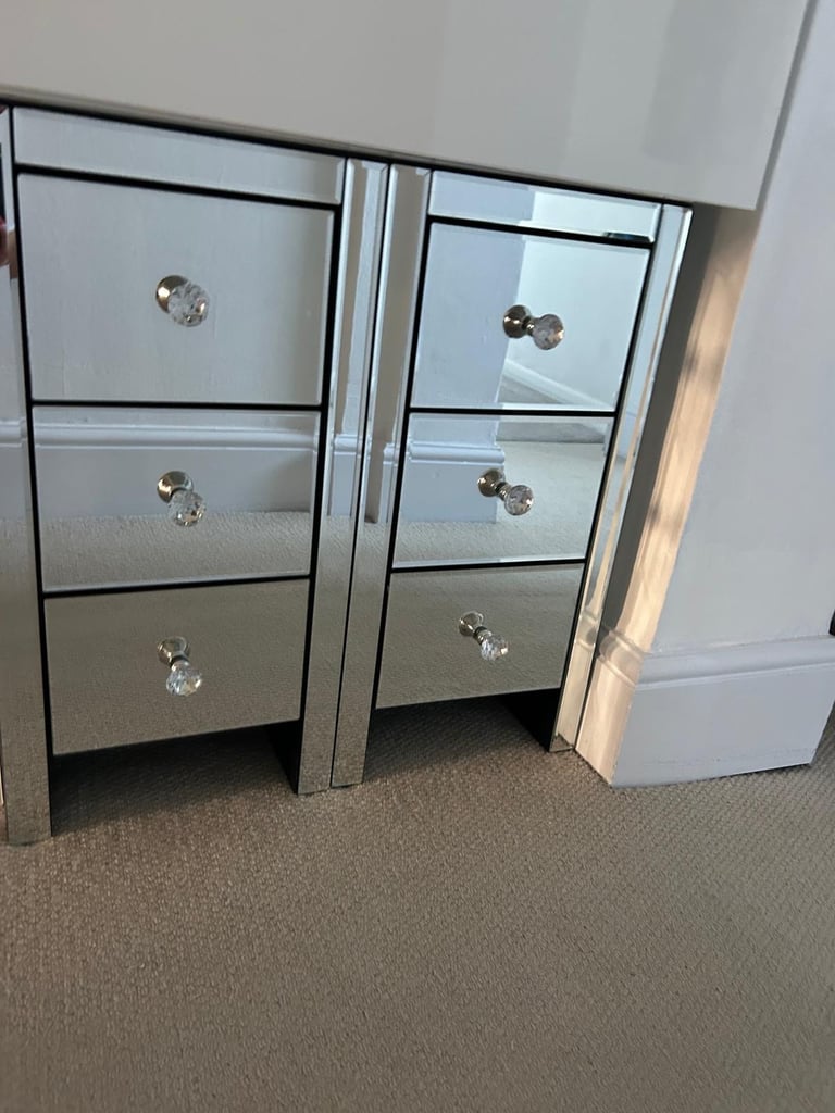 2 Glass mirror bedside tables with Zara diamonte handles 