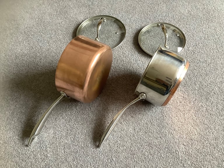 2 X Cook’s Collection Copper Bottom Saucepans and Lids. 18cm & 17cm.