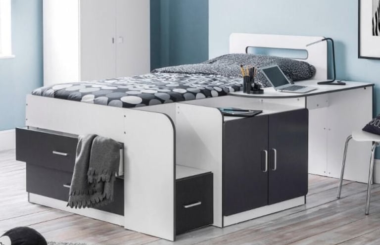 image for Grey and White Wooden Cabin Bed Frame Only - 3ft Single