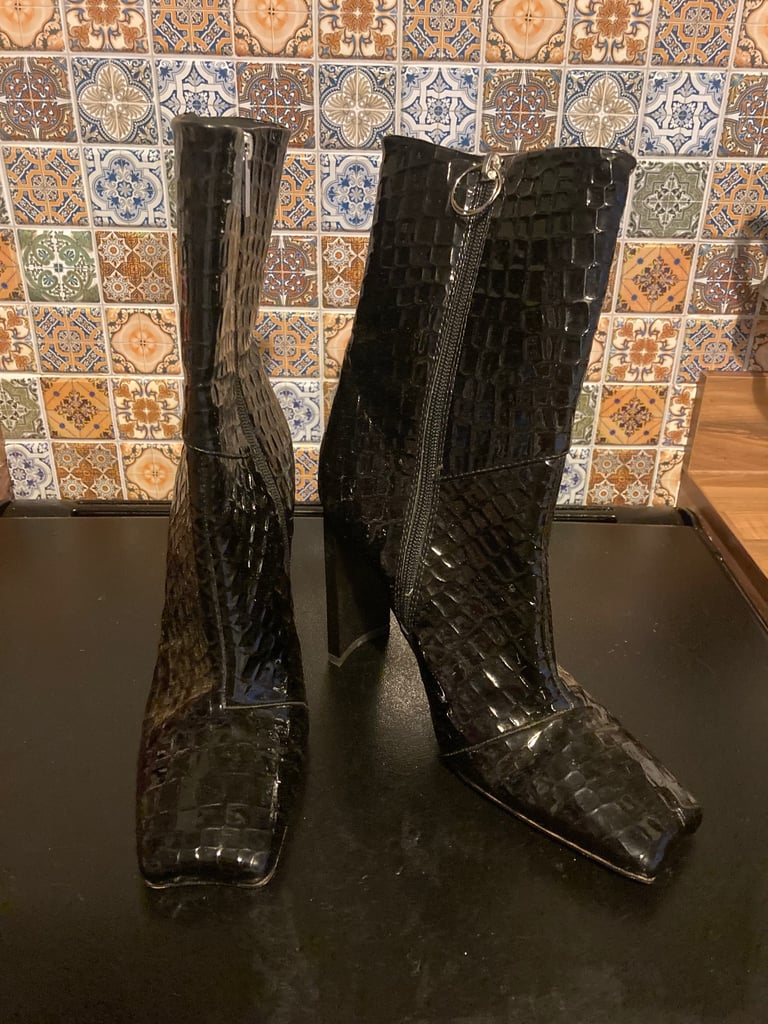 image for Square toe heeled ankle boots in black faux crocodile. Size 7 