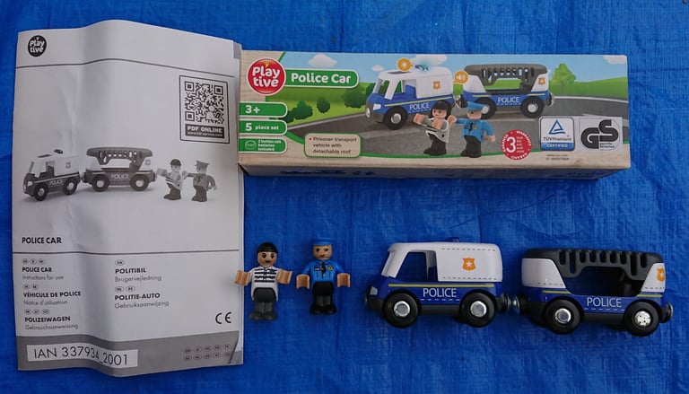 * WOODEN TRAIN TRACK SET IN CASE WITH PLAYTIVE POLICE CAR AMBULANCE CRANE BRIDGE *
