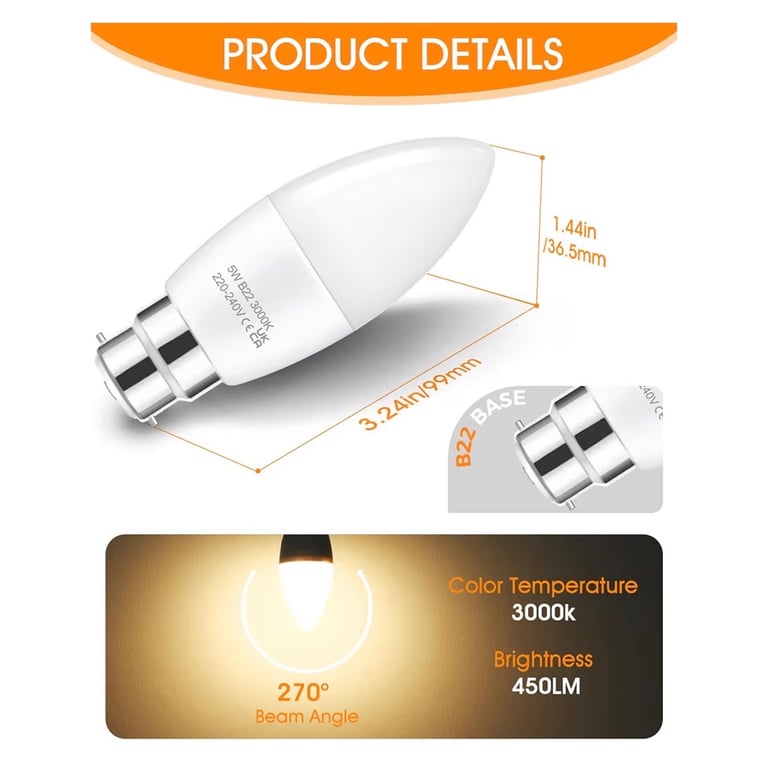 B22 Candle Bayonet Light Bulb, 5W(6 pack) brand new)