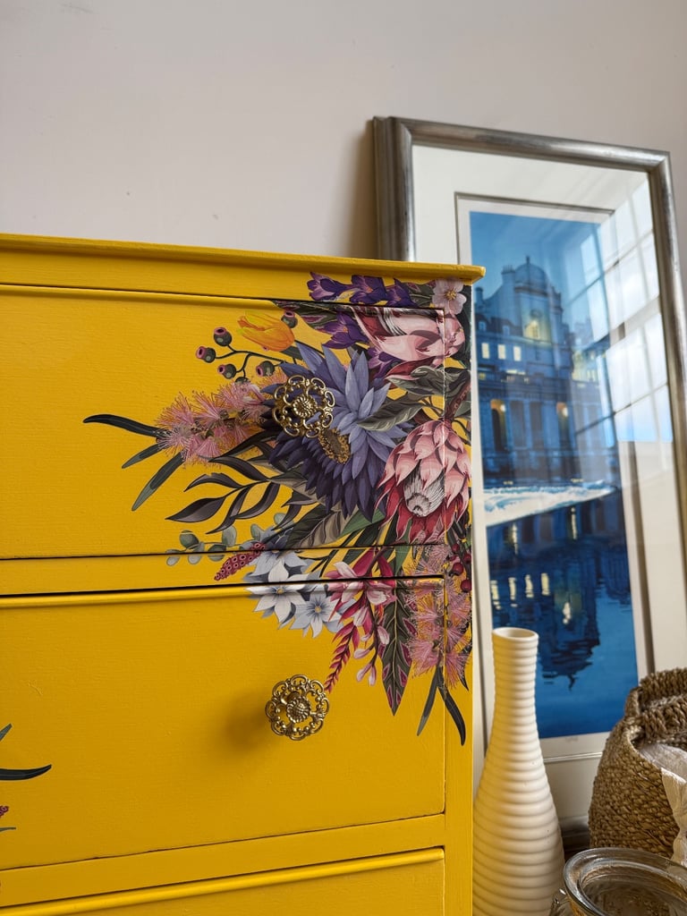 Small Chest of Drawers Bedside Table Yellow Painted , flowers transfer