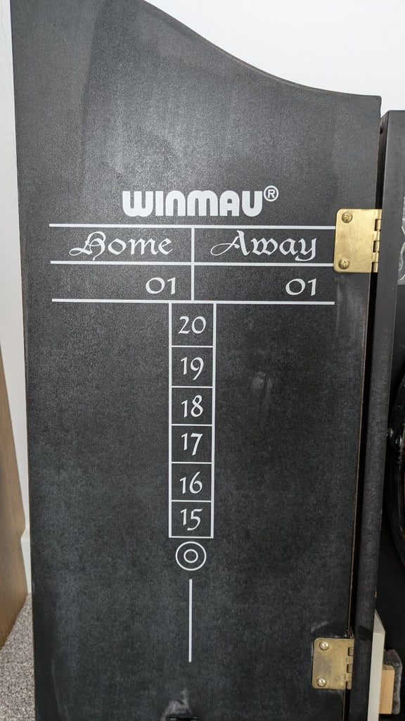 Vintage 1980's Winmau dartboard and Wooden cabinet with 3 sets of darts
