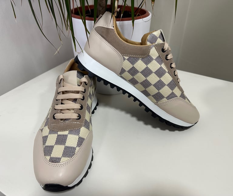 Men’s sports checkered trainers - Black white grey brown off white beige - All sizes UK 7 to UK 11